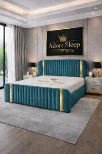 Plush Velvet Teal - Spencer Luxury Curved Fluted Bed Frame with Gold Strip – Upholstered