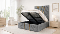 Plush Velvet Grey - Monaco V-Line Luxury Geometric Ottoman Storage Bed