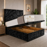 Crushed Velvet Black - Meridian Abstract Geometry Ottoman Divan Bed | Luxury Hydraulic Storage Bed Frame