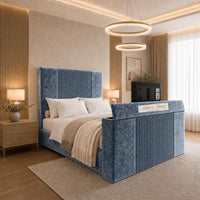 Crushed Velvet Denim Blue - Knightsbridge Luxury Fluted TV Bed – Designer Upholstered Bed Frame with Integrated TV Footboard
