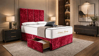 Crushed Velvet Red - Kensington Grande Luxury Divan Bed – Premium Upholstered Bed Frame with Tall Vertical Panel Headboard