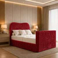Crushed Velvet Red - Serene Luxury Curved TV Bed – Designer Upholstered Bed Frame with Integrated TV Footboard