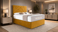 Plush Velvet Mustard Gold - Aurelia Geometric Luxe Divan Bed with Statement Panelled Headboard & Storage