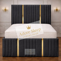 Naples Charcoal - Celestine Luxe Vertical Panelled Gold Strip Upholstered Bed Frame | Luxury Statement Bed