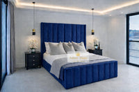 Plush Velvet Sapphire - Aurelia Grandeur Luxury Upholstered Panel Bed – Tall Vertical Channel Headboard & Deep Padded Frame