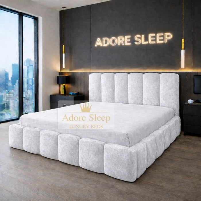 Crushed Velvet White - Savoy Aurelia Luxury Upholstered Bed Frame – Sculpted Panel Statement Bed