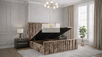 Crushed Velvet Mink - Valmont Luxe Ottoman Divan Bed Frame – Luxury Upholstered Storage Bed with Statement Panelled Headboard