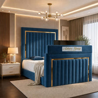 Naples Blue - Kensington Luxury TV Bed – Upholstered Bed Frame with Statement Panel Headboard & TV Footboard