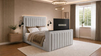 Plush Velvet Steel - Carlton Luxury Panelled TV Bed – Premium Upholstered Bed Frame with Integrated TV Footboard