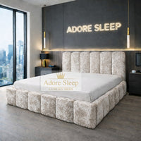 Crushed Velvet Champagne - Savoy Aurelia Luxury Upholstered Bed Frame – Sculpted Panel Statement Bed