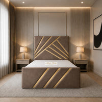 Naples Mink - Monaco Luxury Geometric Bed – Designer Upholstered Bed Frame with Metallic Inlay Detailing