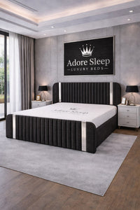 Naples Charcoal - Spencer Luxury Curved Fluted Bed Frame with Gold Strip – Upholstered