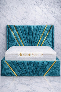 Crushed Velvet Teal - Bat Luxury Panel Bed Frame with Gold Strip – Upholstered