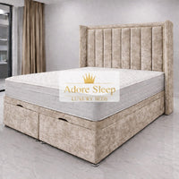 Crushed Velvet Champagne - Grand Elysee Luxury Panelled Upholstered Bed Frame with Divan Ottoman Storage