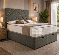 Plush Velvet Grey - Meridian Abstract Geometry Ottoman Divan Bed | Luxury Hydraulic Storage Bed Frame