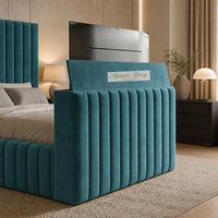 Plush Velvet Teal - Mayfair Luxury Channelled TV Bed – Premium Upholstered Bed Frame with Integrated TV Footboard