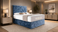 Crushed Velvet Denim Blue - Aurelia Geometric Luxe Divan Bed with Statement Panelled Headboard & Storage