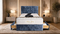 Crushed Velvet Denim Blue - Kensington Grande Luxury Divan Bed – Premium Upholstered Bed Frame with Tall Vertical Panel Headboard