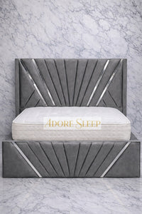 Plush Velvet Steel - Bat Radiance Luxury Panel Bed Frame with Silver Strip – Upholstered