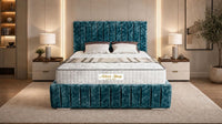 Crushed Velvet Teal - Dorchester Luxury Scalloped Panel Bed – Premium Upholstered Bed Frame with Statement Headboard