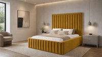 Plush Velvet Mustard Gold - Savoy Luxury Panel Bed – Premium Upholstered Bed Frame with Grand Framed Headboard