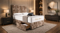 Crushed Velvet Mink - Kensington Grande Luxury Divan Bed – Premium Upholstered Bed Frame with Tall Vertical Panel Headboard