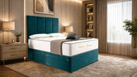 Plush Velvet Teal - Kensington Grande Luxury Divan Bed – Premium Upholstered Bed Frame with Tall Vertical Panel Headboard
