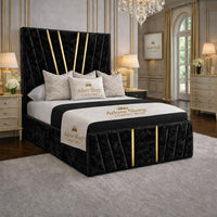 Crushed Velvet Black - Valentina Royale Luxury Upholstered Bed Frame – Statement Winged Headboard, Panelled Footboard