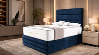 Plush Velvet Sapphire - Monaco Luxe Luxury Divan Bed – Premium Upholstered Panelled Headboard with Storage