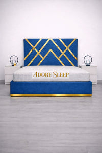 Naples Blue - Regalia Noir Luxury Upholstered Bed – Geometric Designer Headboard with Metallic Accent Detailing