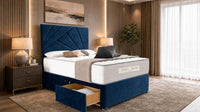 Plush Velvet Sapphire - Aurelia Geometric Luxe Divan Bed with Statement Panelled Headboard & Storage