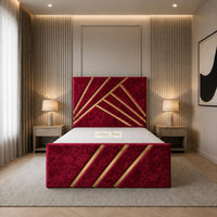 Crushed Velvet Red - Monaco Luxury Geometric Bed – Designer Upholstered Bed Frame with Metallic Inlay Detailing