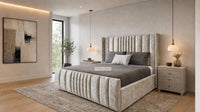 Crushed Velvet Champagne - Mayfair Luxury Panelled Bed – Premium Upholstered Bed Frame with Statement Headboard & Footboard