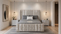 Crushed Velvet Champagne - Mayfair Luxury Panelled Bed – Premium Upholstered Bed Frame with Statement Headboard & Footboard