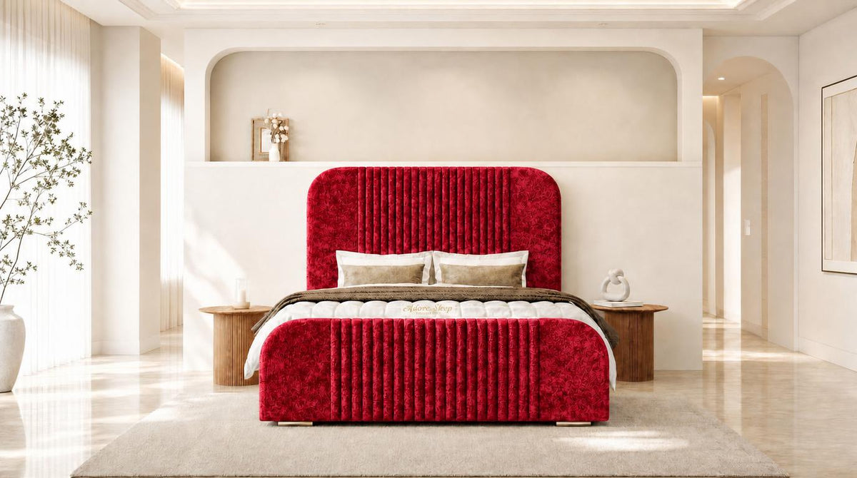 Crushed Velvet Red - Beaumont Arc Luxury Ribbed Ottoman Storage Bed