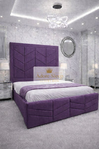 Naples Purple - Valencia Royale Luxury Upholstered Bed – Geometric Chevron Panel Headboard & Statement Footboard