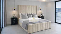 Crushed Velvet Cream - Aurelia Grandeur Luxury Upholstered Panel Bed – Tall Vertical Channel Headboard & Deep Padded Frame