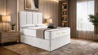 Crushed Velvet White - Kensington Grande Luxury Divan Bed – Premium Upholstered Bed Frame with Tall Vertical Panel Headboard