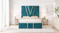 Crushed Velvet Teal - Monaco V-Line Luxury Geometric Ottoman Storage Bed