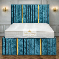 Crushed Velvet Teal - Celestine Luxe Vertical Panelled Gold Strip Upholstered Bed Frame | Luxury Statement Bed
