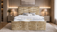 Crushed Velvet Gold - Valentina Luxury Chevron Panel Bed – Designer Upholstered Bed Frame with Statement Headboard & Footboard