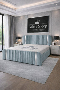 Plush Velvet Duck Egg - Spencer Luxury Curved Fluted Bed Frame with Gold Strip – Upholstered