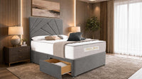 Naples Slate Grey - Aurelia Geometric Luxe Divan Bed with Statement Panelled Headboard & Storage