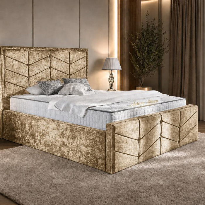 Crushed Velvet Gold - Valentina Luxury Chevron Panel Bed – Designer Upholstered Bed Frame with Statement Headboard & Footboard