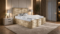 Crushed Velvet Gold - Valentina Luxury Chevron Panel Bed – Designer Upholstered Bed Frame with Statement Headboard & Footboard