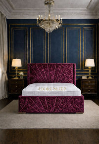 Crushed Velvet Aubergine - Monaco Royale Luxury Fan-Panel Upholstered Bed Frame