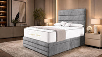 Plush Velvet Silver - Monaco Luxe Luxury Divan Bed – Premium Upholstered Panelled Headboard with Storage