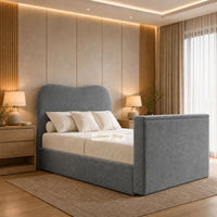 Plush Velvet Steel - Serene Luxury Curved TV Bed – Designer Upholstered Bed Frame with Integrated TV Footboard