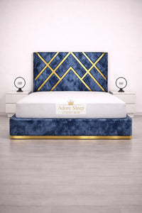 Crushed Velvet Denim Blue - Regalia Noir Luxury Upholstered Bed – Geometric Designer Headboard with Metallic Accent Detailing