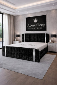 Crushed Velvet Black - Spencer Luxury Curved Fluted Bed Frame with Gold Strip – Upholstered